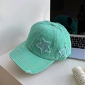 Mint green distressed baseball cap featuring a star patch and vintage frayed edges - Fresh Green