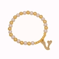 Beaded pearl bracelet with gold metal spheres and crystal-studded letter V charm - Letter V