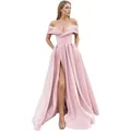 Elegante abito da sera in raso rosa chiaro con spalle scoperte e spacco alto sulla gonna - US 2 / Rosa