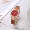 Elegant rose gold women's watch with red diamond dial and magnetic milanese strap - Red