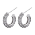 Close-up of minimalist brass huggie earrings with pavé set cubic zirconia stones - 1 Pair / White Gold With White Zirconia