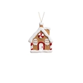 Gingerbread house resin ornament with white snow icing and festive red candy details - Yellow House Resin Pendant