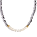 Handmade beaded necklace featuring grey faceted crystals, gold beads and freshwater pearls - Silver Electroplated