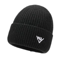 Black knit beanie with white embroidered WV letters and vertical ribbed texture - One Size / Black