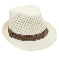 Dettaglio di un cappello di paglia traspirante con nastro a righe e trama intrecciata - Taglia unica / crema