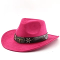 Klassieke roze suède western cowboyhoed met lederen band en stierkop metalen gesp - M(56-58cm) / Rozerood