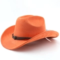Detail of orange suede cowboy hat featuring dark brown braided band and metal shield buckle - M (56-58cm) / Orange
