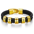 Men's double-layered black woven leather bracelet with five custom name rings in gold - Gold Clasp - 5 Names
