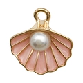 Pink enamel shell charm with gold metal edges and white pearl inlay for DIY jewelry - Ocean Shell