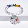 Detailed shot of chakra crystal beaded bracelet with a Tree of Life wire-wrapped pendant - Clear Quartz Bracelet