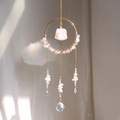 Rainbow suncatcher with pink crystal pendant and golden metal frame hanging decoration - Rose Quartz