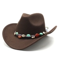 Detail of dark brown felt cowboy hat with colorful woven band and shell accents - M (56-58cm) / Coffee