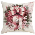 Christmas pillow cover with pink ribbon wreath, pine needles and pine cones on beige fabric - 45x45cm Single Side No Core / Pink Garland