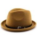 Detail of wool fedora hat with rolled brim and black leather band with silver buckle - M (56-58cm) / Khaki