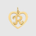 Polished gold heart-shaped pendant featuring a cutout cursive letter R for DIY jewelry - Letter R