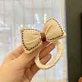 Cute beige bow hair tie with coffee embroidery and high elastic rope for girls - Beige Bow