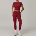Women's burgundy yoga set with high waist leggings and short sleeve crop top - S / Top And Bottom / Short Sleeve + Leggings / Cherry Red