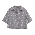 Camicia a maniche corte a quadretti con ricamo floreale e colletto a rever piatta - XS / Top Ricamato Gingham Bianco e Nero