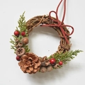 Mini Christmas rattan wreath with dried pine cones acorns berries and a red bow - Medium Red Berry Wreath (Light Leaf) 10cm