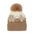 Detalle del gorro de punto de invierno con copos de nieve y pompón marrón - Caqui