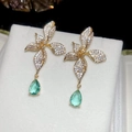 Detailed macro of 18k gold earrings with zircon flowers and green teardrop gems - Gold Floral Water Drop Earrings (57#) (925 Sterling Silver Earring Post) / Gold-Green