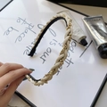 Elegant woven headband with beige leather and golden metal chain link design - 201025 Beige