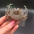 Boho style silver metal hair comb with hollow moon, branch accents and raw crystals - Tawny + Branch + Moon