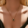 Elegant 18K gold chain necklace featuring a vintage round black gemstone pendant for women - KN0459-2-Round Black Gemstone Vintage