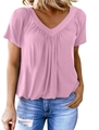 Detail of pink V-neck T-shirt showing ruched chest design and raglan sleeves for women - S / Peach