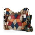 Bunte Leder-Tragetasche im geometrischen Patchwork-Design mit gemustertem Gurtband - Blaues Patchwork
