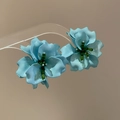 Elegant 3D blue mesh flower earrings with green bead centers on a wave display stand - Aqua Blue 3D Matte Texture Petal Earrings (39# Silver Needle-Blue)