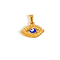 Macro shot of gold-plated evil eye pendant with blue enamel detail on white background - WHUBI02-Gold-Oval Evil Eye