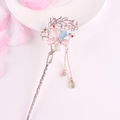 Vintage floral hair stick with silver filigree, pink gemstones, and elegant tassels - Silver Pink Blue Gem Flower Tassel (FZ019)