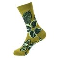 Mustard yellow crew sock with green leaf pattern in high-quality cotton knit - 1048 Avocado Green Leaf