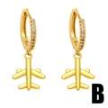 Golden airplane drop earrings with sparkling zircon inlay and polished finish - Airplane Style (B) / Gold