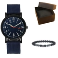 Men's blue quartz watch with canvas strap and beaded bracelet in a gift box - Watch + Bracelet + Gift Box / Blue
