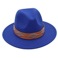 Detail of royal blue wool fedora hat featuring a brown leather band with silver studs - M (56-58cm) / Sapphire Blue