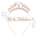 50 & Fabulous birthday kit with rose gold rhinestone crown and white glitter sash - 50th Birthday Rose Gold Tiara White Sash
