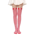 Detail of red and white striped over-knee socks featuring a cute candy swirl ornament - Red White Striped Socks with Bear Doll