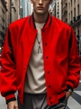 Men's casual varsity jacket in vibrant red with black striped ribbed trim and snap buttons - S / Red