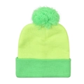 Close-up of fluorescent green knit beanie with fluffy pompom and thick ribbed texture - Green Yellow - Adult Pom Pom Beanie