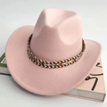 Pink felt western cowboy hat featuring a bohemian woven band with herringbone pattern - Pink