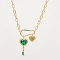 Goldkette mit grünem Herz-Edelstein-Schlüsselanhänger und Paperclip-Glied-Elementen - Gold