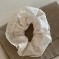 Vintage white lace scrunchie with layered embroidery on textured linen background - 1# Small White Lace Scrunchie