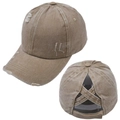 Detail of washed cotton baseball cap with criss-cross ponytail hole and distressed finish - Khaki