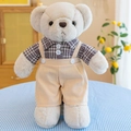 Beige teddy bear in gray plaid shirt and khaki overalls on blue checkered table - Brown Couple Bear Male / 40 cm