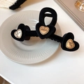 Black velvet hair claw clip with golden heart accents and min lettering on white plate - 157# Black Velvet Heart Letter Hair Claw