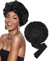 Detail of black satin hair bonnet with large bow and adjustable ribbon straps - M / Black + Black