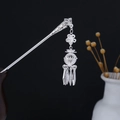 Silver hollow flower hairpin with geometric ball pendant and metallic tassel fringe - 3D Floral Hollow Ball Tassel (F284)