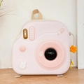 Pink camera-shaped eggshell backpack for kids with a white rabbit relief design - Apricot